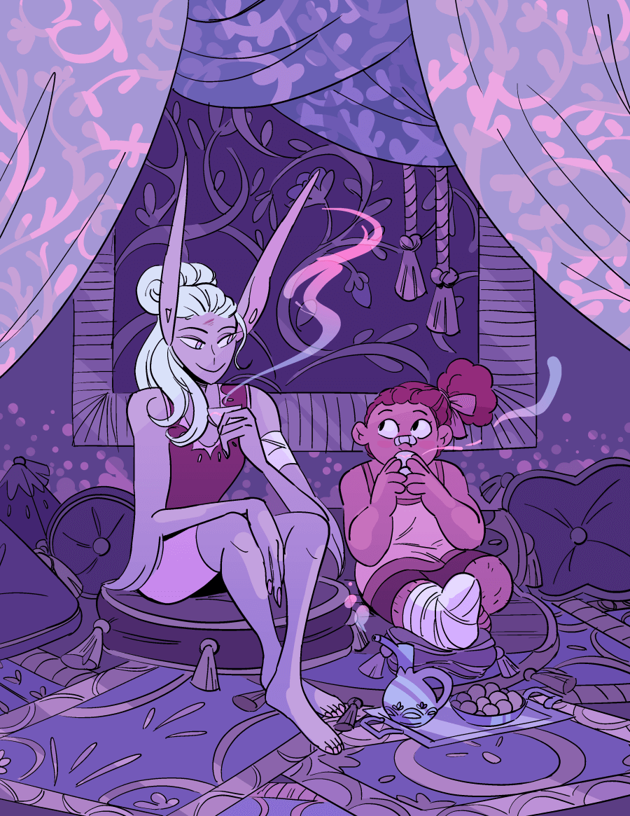 Jas and Rayth sipping tea in an opulent lounging room after their big battle on Thredach.