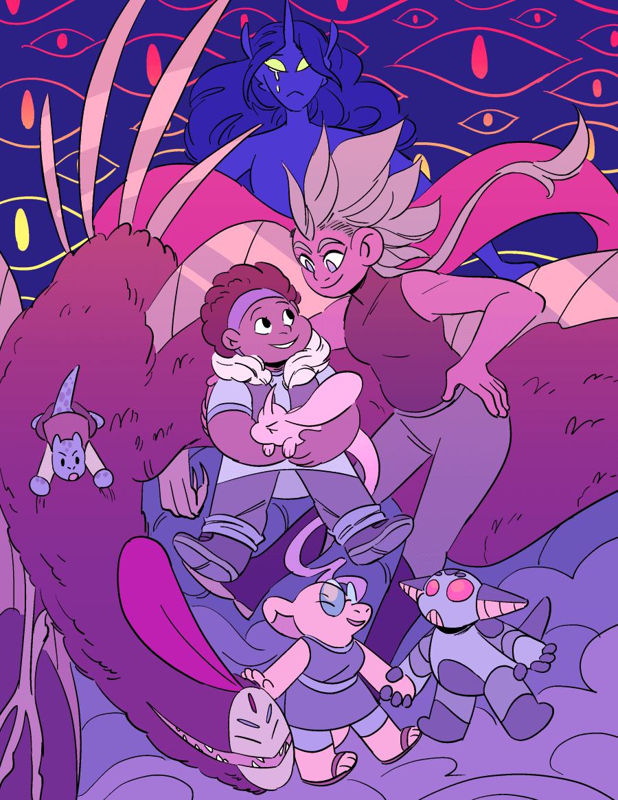 The main protagonists of Star Trip with Khudran looming in the background with a wall of eyes.