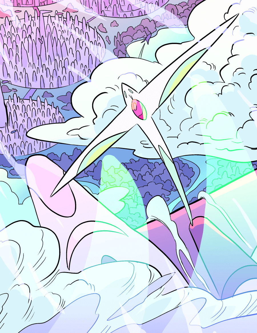 Khut and the Prosposis flying through the clouds with an alien cityscape sprawling below them.