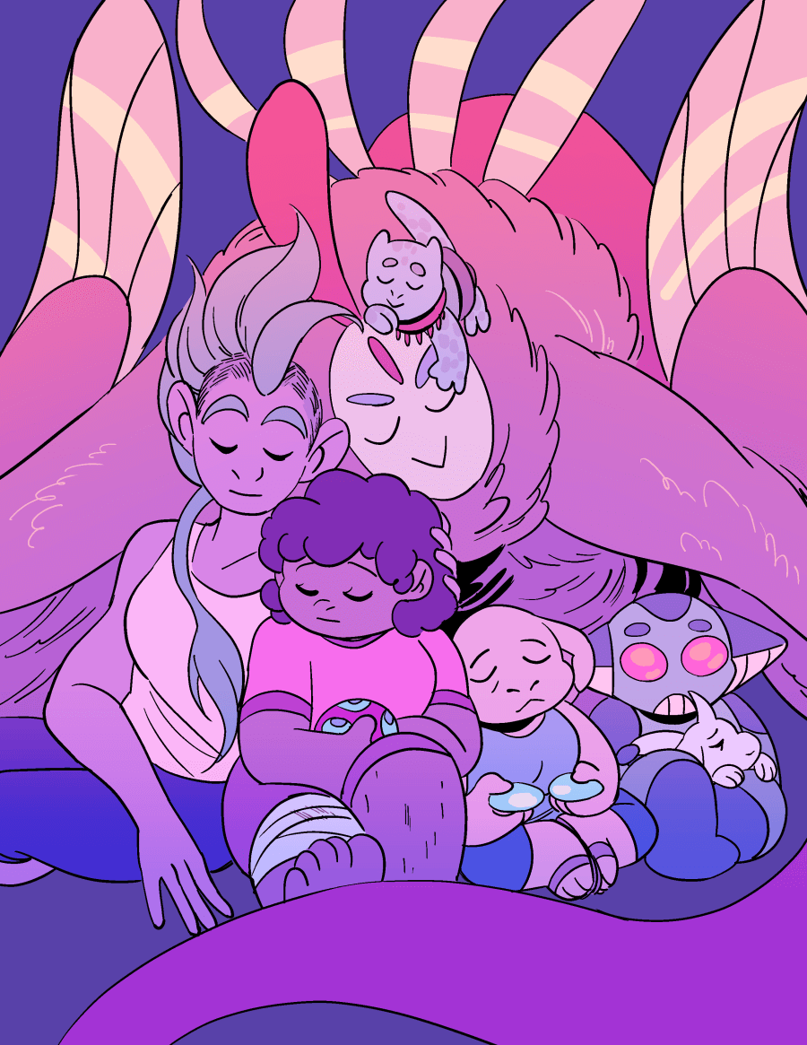 The main protagonists of Star Trip all resting in a pile together.