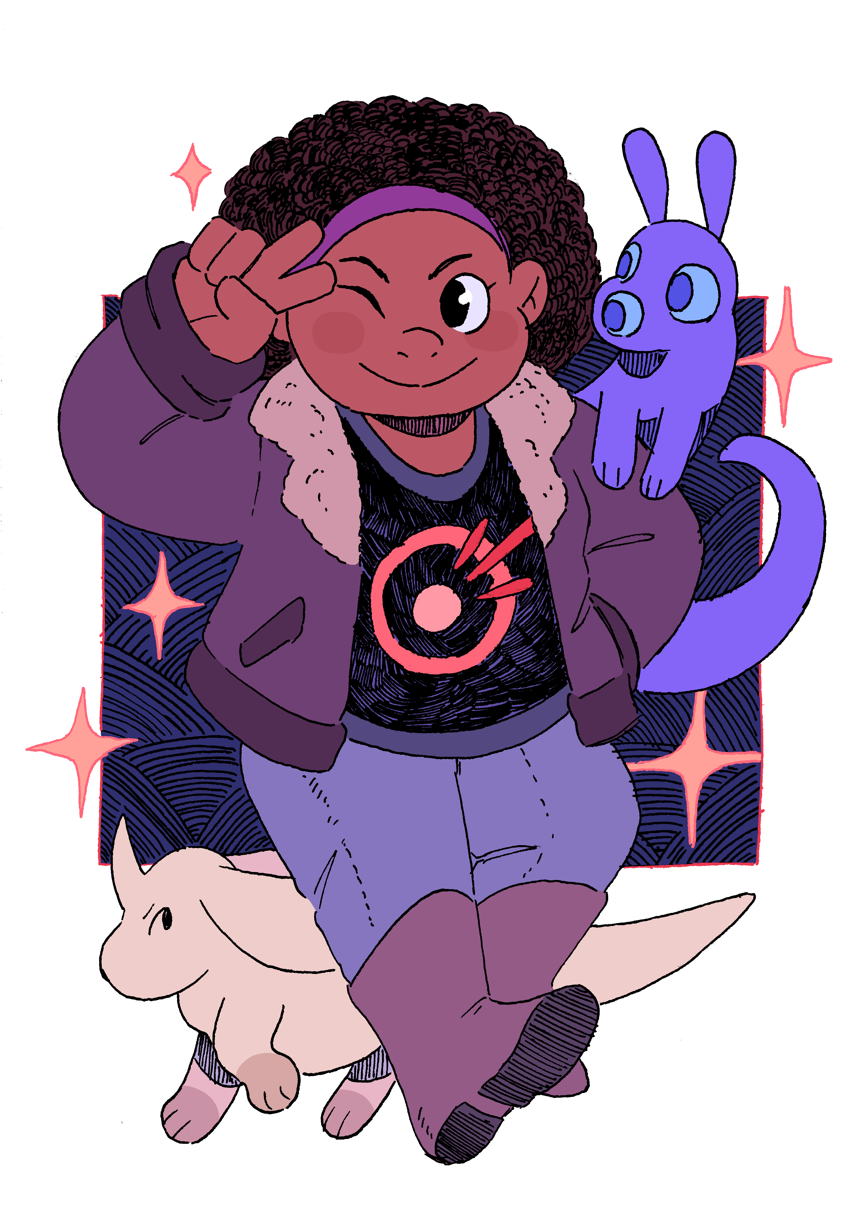 Jas posing with a wink and the victory sign with a small Khudran on her shoulder and a disgrunted bunny Khut pacing around her feet.