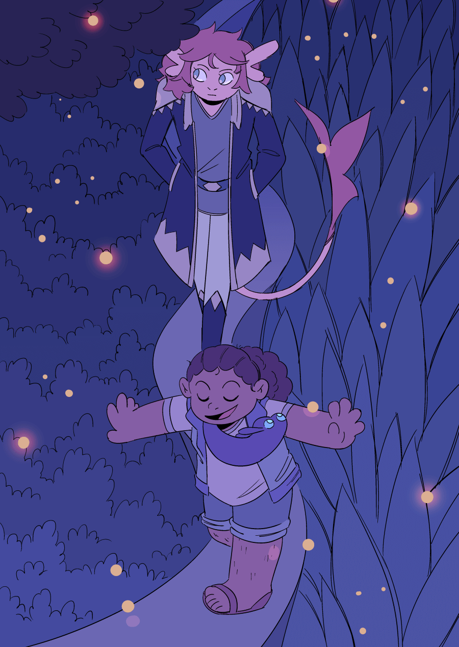 Jas and Malik walking along the edge of a stone wall together in the Agrosia hanging gardens at night with fireflies all about.