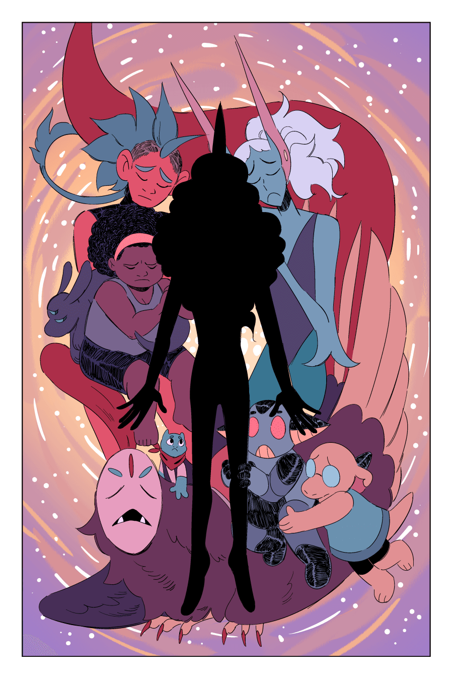 The main protagonists of Star Trip solemnly surrounding a black void in the shape of Khut.