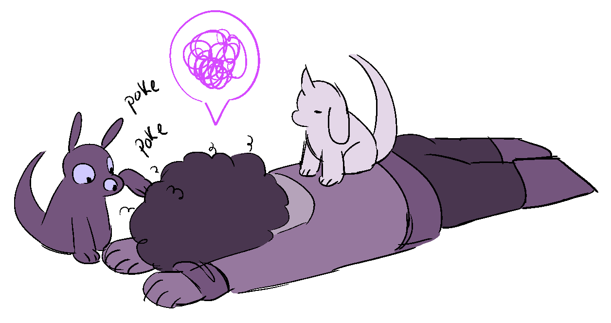 A sketch of Jas lying prone on the ground while Khut sits on their back and Khudran pokes her head.