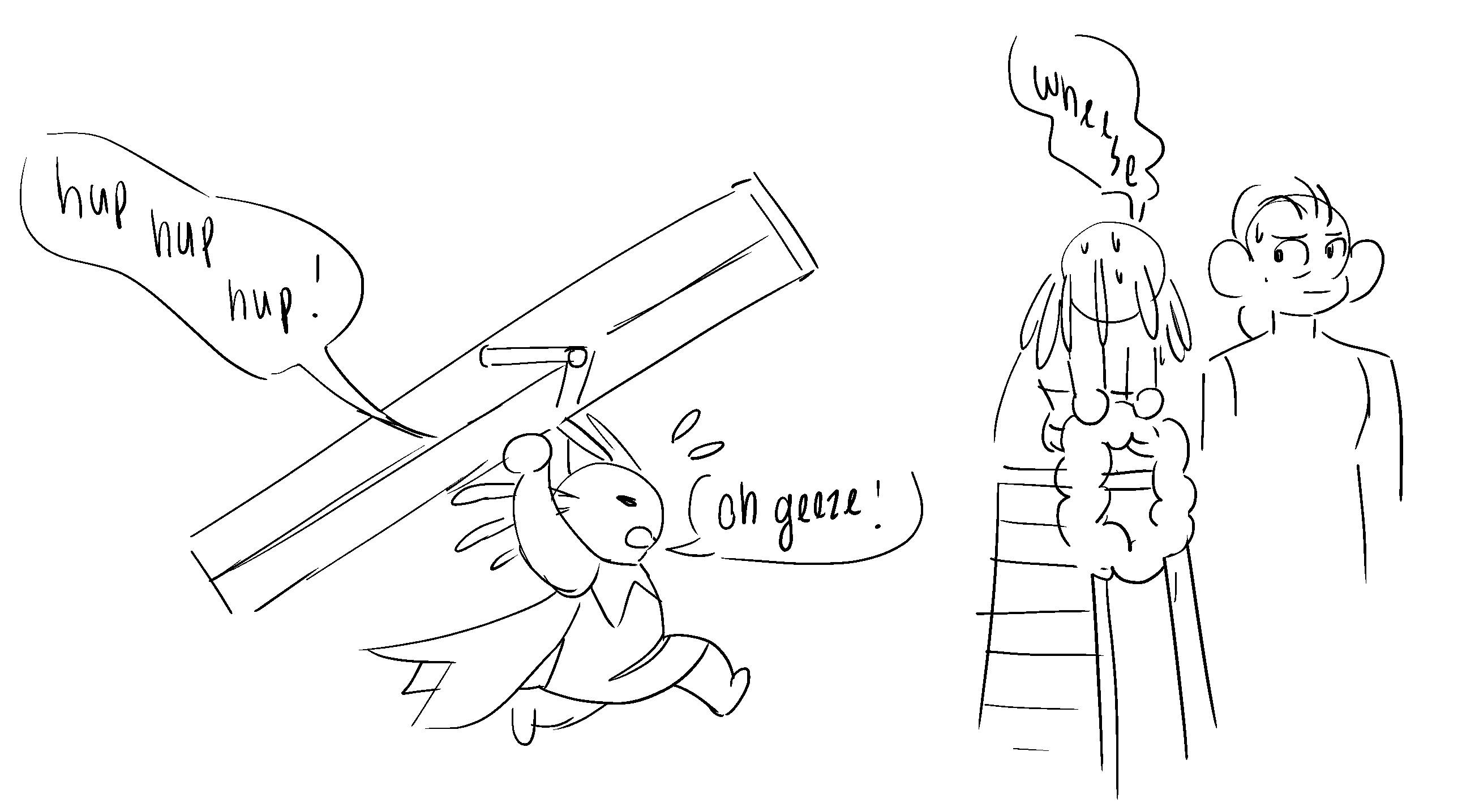 A little axolotl alien rushing over with a ladder to hand Sanna her prize for winning their race at Lubo, but upon arrival the little thing is out of breath and wheezing.