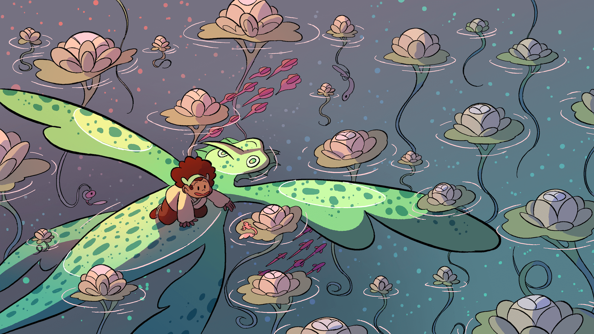 Jas sitting on Khut's back, who as shifted into a flat aquatic creature as they float through a large still pond scattered with strange flowering plants.