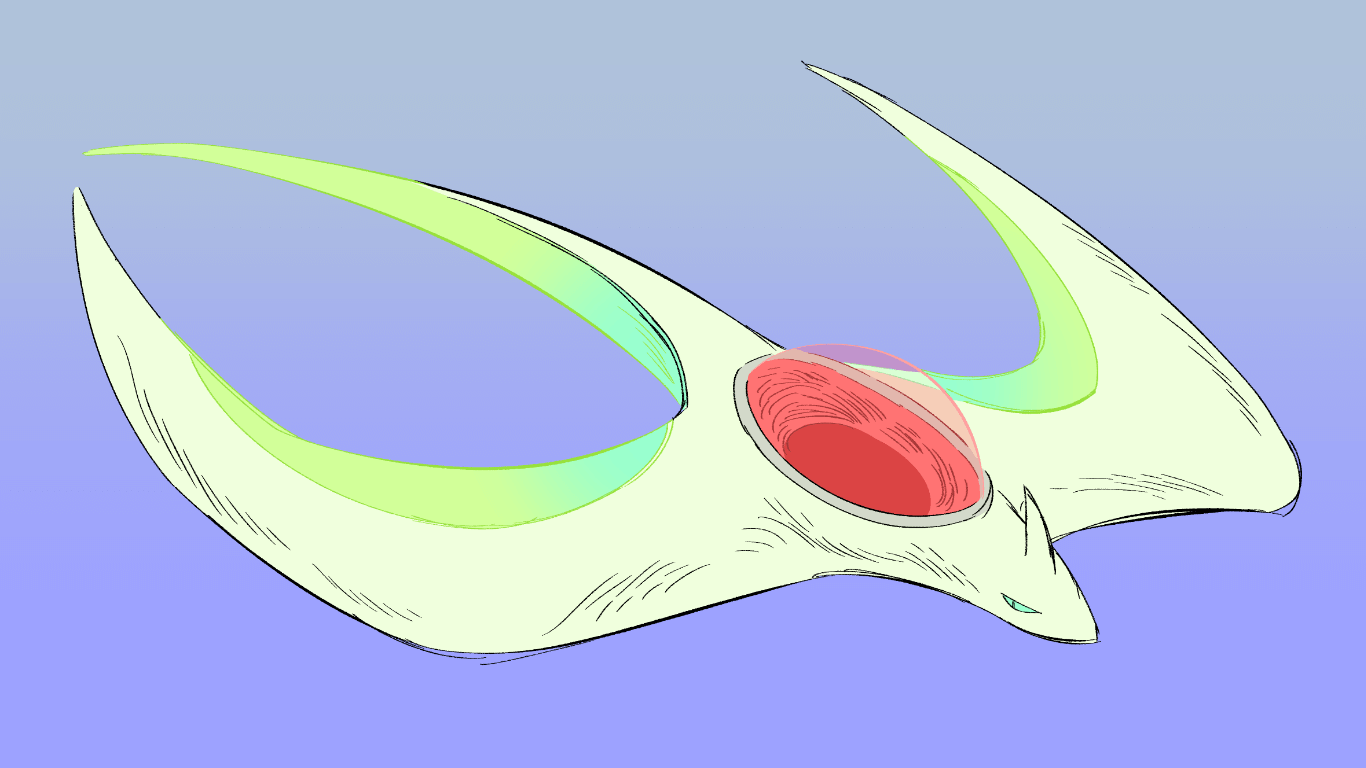 Khut in the form of an offwhite creature shaped a bit like a small plane with a domed red cockpit on their back, against a simple blue gradient background.