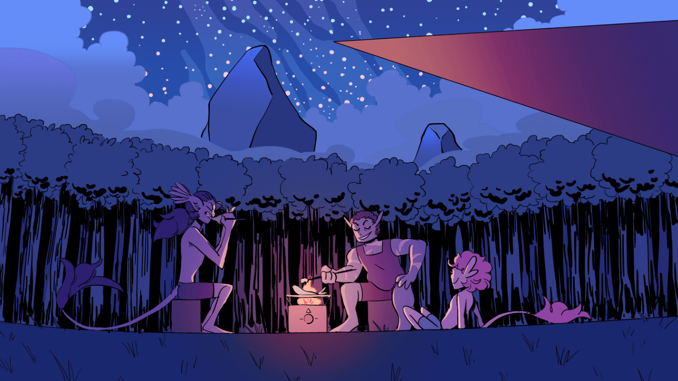 Vron, Ajo, and Malik all sitting around a campfire at the edge of a forest and mountain range, under and starry night sky and the wing of their ship.