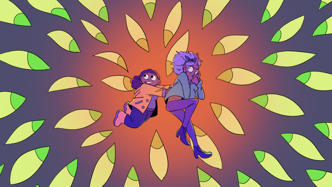 Jas and Khut floating in a void populated by staring eyes that all seem interested in the pair.