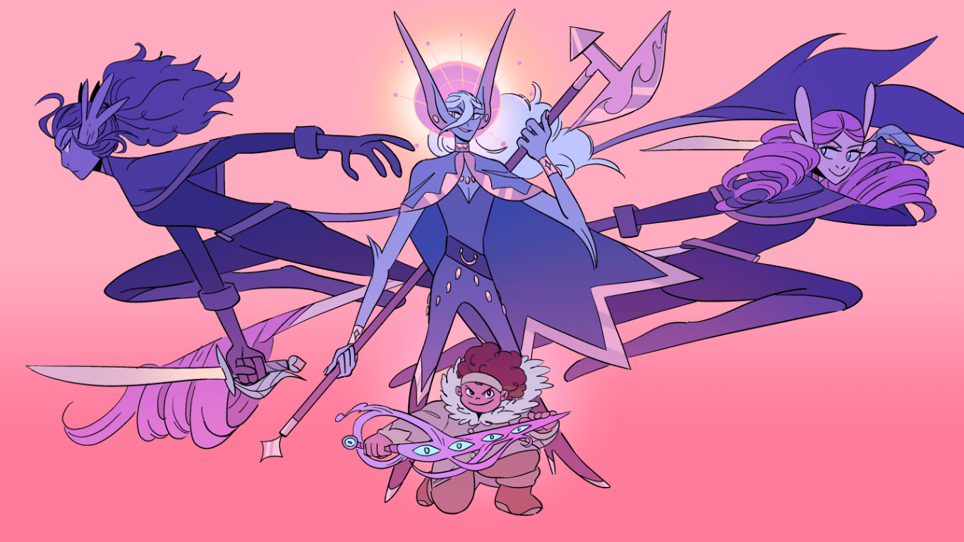 Jas, Rayth standing in the centre of the composition with Ajo and Kagra leaping towards each side from behind them on a bright pink gradient background.