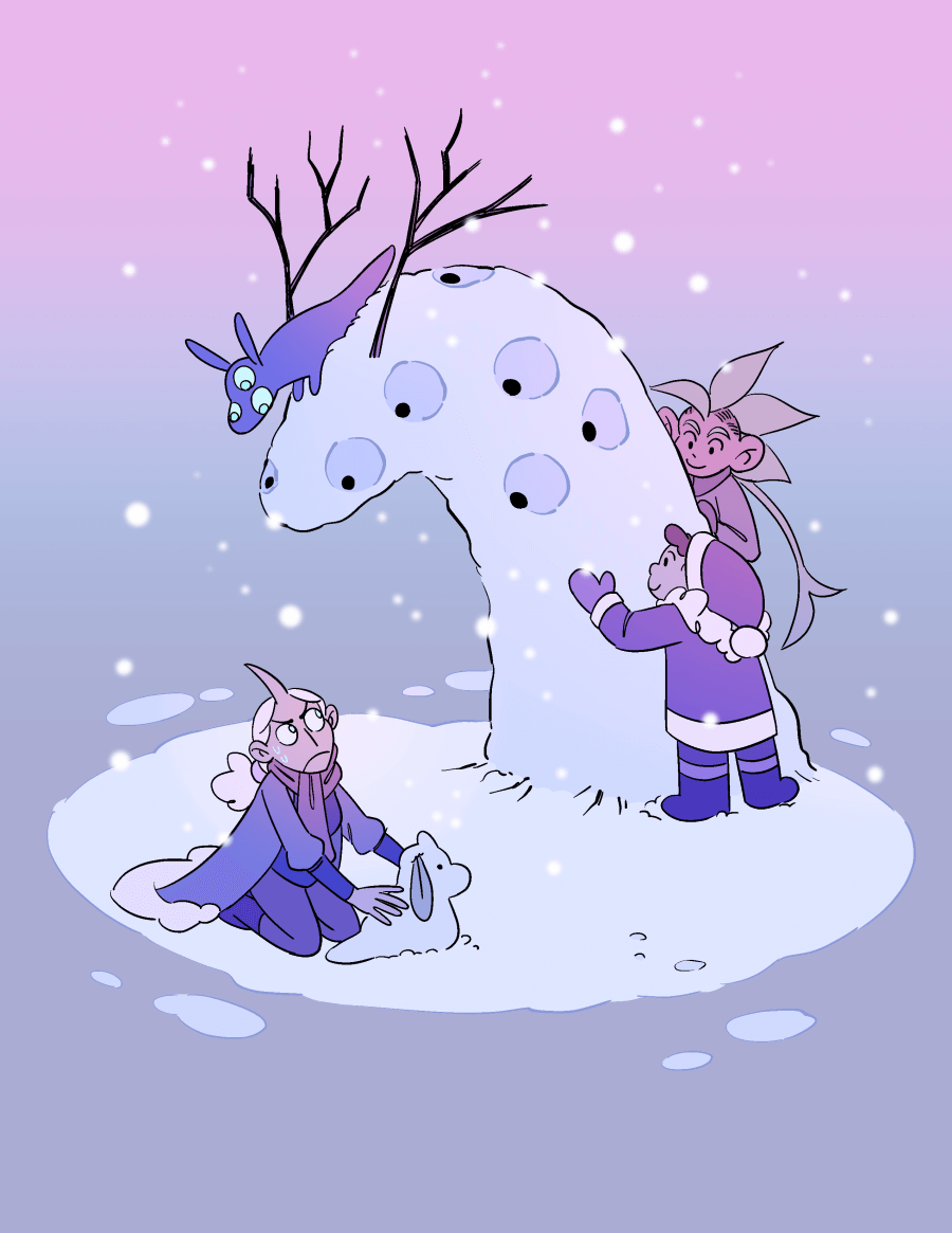 Khut builds a snow version of their bunny form while they glance nervously at the large sculpture of a multi-eyed Khudran that Jas and Sanna are building that looms over them with the real smaller khudran perched on its head.